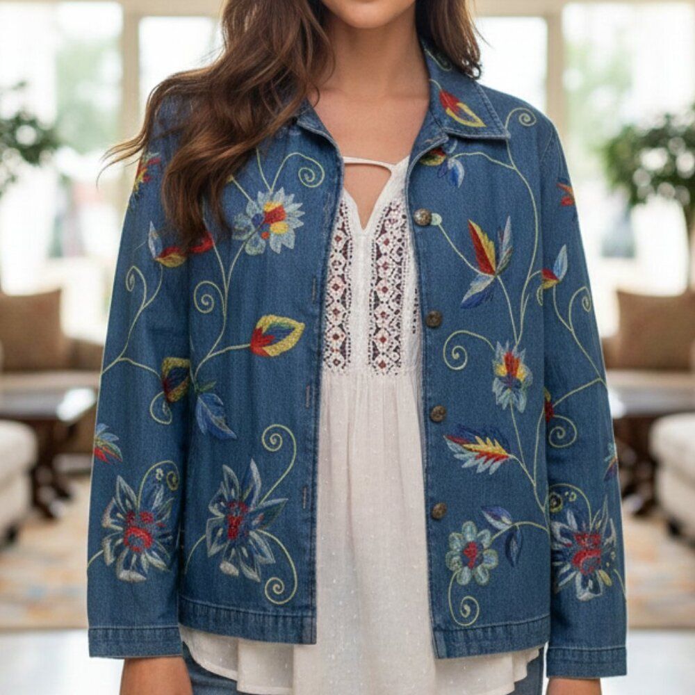 Vintage Parisian Works Embroidered Denim Jacket - 100% Cotton - Size Medium